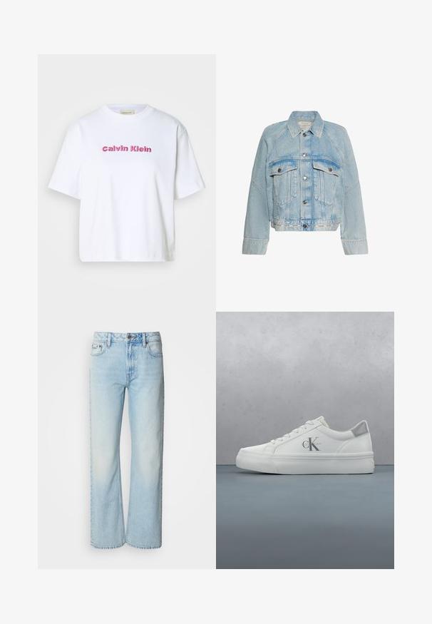 Lyseblå denimjakke med knaplukning, to brystlommer med klap og en krave, med Calvin Klein-logo på bundkanten.; Hvid bomulds T-shirt med korte ærmer og rund halsudskæring, med "Calvin Klein" broderet i lyserøde bogstaver på forsiden.; Lyseblå brede jeans lavet af denim med et klassisk fem-lomme design og en subtil falmet tekstur. Denim-syninger er synlige.; Hvide lædersneakers med flad sål, der har en diskret grå hælaccent og et fremtrædende 'CK' logo på siden.
