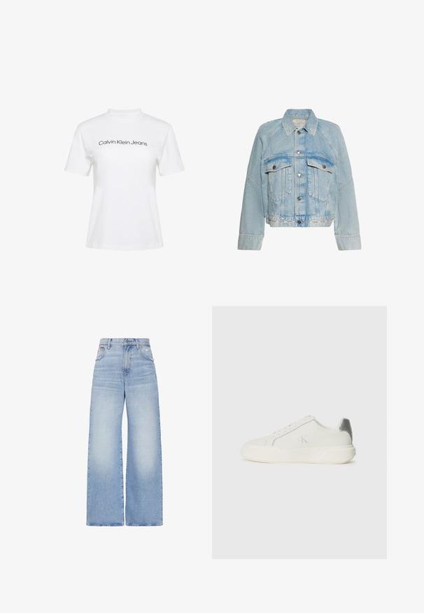 Chaqueta vaquera azul claro con cierre de botones, dos bolsillos de solapa en el pecho y cuello, con el logo de Calvin Klein en la tira del dobladillo inferior.; Camiseta blanca de algodón con cuello redondo y mangas cortas, con el texto "Calvin Klein Jeans" impreso en negro en el pecho.; Vaqueros de pierna ancha de tiro alto azul claro con cierre frontal de botón y cremallera, bolsillos delanteros y traseros, y un ligero detalle desgastado en el bolsillo derecho.; Zapatilla blanca de cuero con textura suave, que presenta un acento plateado en el talón, suela plana y un diseño minimalista.