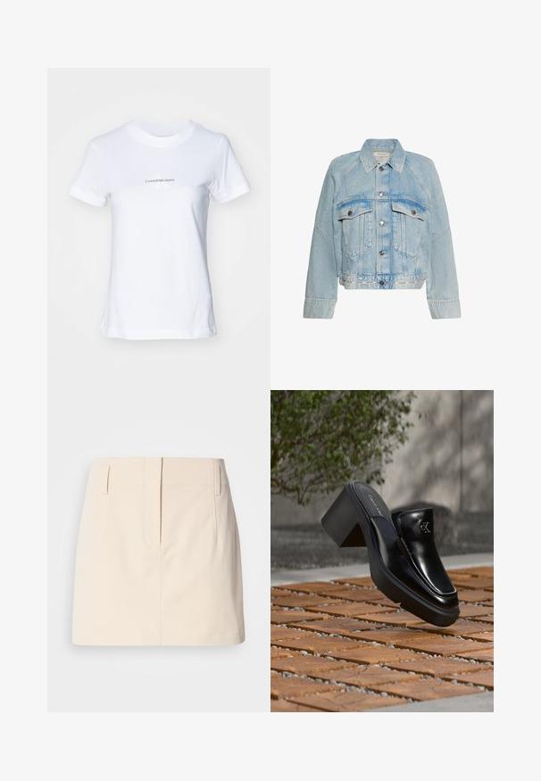 Lyseblå denimjakke med knaplukning, to brystlommer med klap og en krave, med Calvin Klein-logo på bundkanten.; Hvid bomulds t-shirt med rund hals, korte ærmer og grafisk tryk foran i blåt tekst: "CalvinKleinJeans" med et stiliseret "K" logo.; Calvin Klein Jeans SKIRT - A-snit nederdel - fog; Sort læder Calvin Klein slip-on mule med blokhæl, der hviler på trætøj udendørs nær en grøn plante og en grå væg.