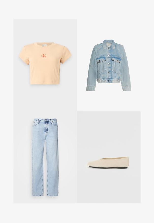 Svetlomodrá rifľová bunda so zapínaním na gombíky, dvoma náprsnými vreckami s chlopňou a golierom, s logom Calvin Klein na spodnom leme.; Svetloružový krátky crop top s krátkymi rukávmi vyrobený z rebrovanej bavlny, s centrálnym logom v tmavšej oranžovej farbe a minimálnymi detailmi šitia.; Svetlomodré široké džínsy vyrobené z denimu, s vysokým pásom, vyblednutým umývaním a jemným vzorom batikovania na prednej strane.; Béžové semišové baleríny s okrúhlou špičkou, plochou podrážkou a minimalisticým dizajnom. Hladký povrch bez viditeľného kovania alebo ozdôb.