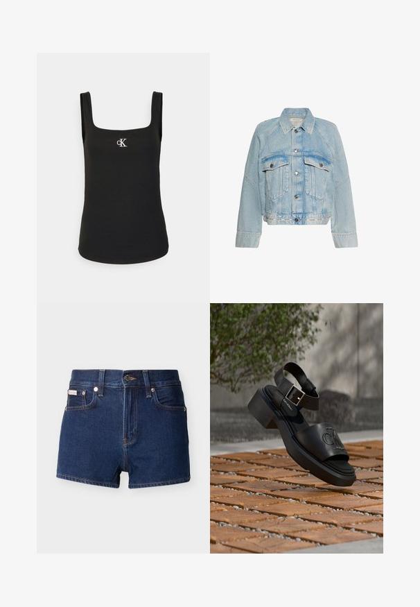 Lyseblå denimjakke med knaplukning, to brystlommer med klap og en krave, med Calvin Klein-logo på bundkanten.; Sort ærmeløs ribbet tanktop med firkantet halsudskæring og lille hvidt CK-logo midt på brystet.; Mørkeblå denimshorts med frontknap, bæltestropper og lommer vist mod en lys baggrund.; Sort læder-sandal fra Calvin Klein med ankelrem og spænde, der svæver over et udendørs gulv af træ og stentegl.