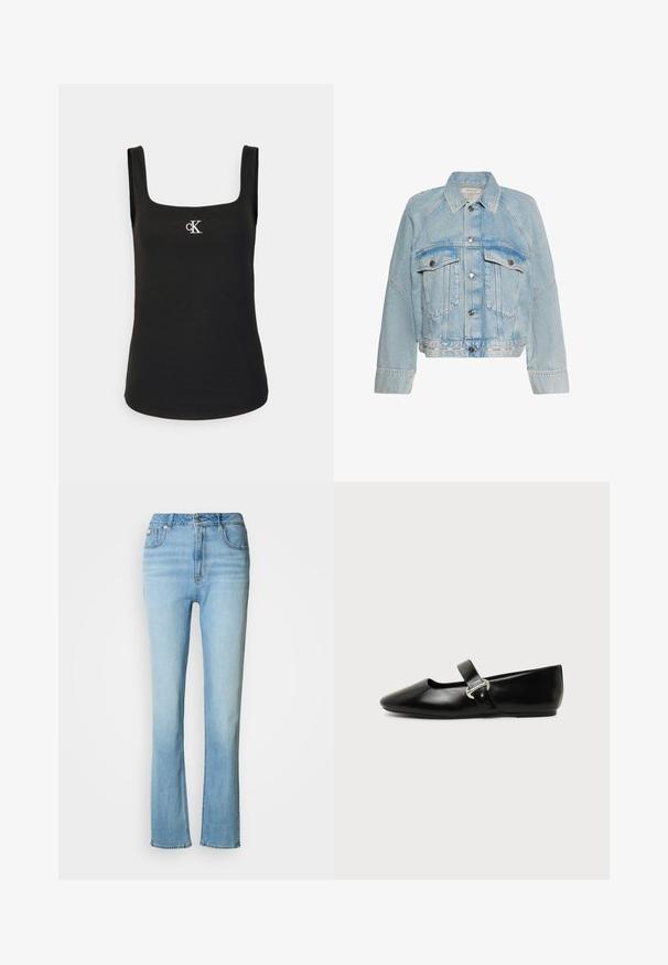 Lyseblå denimjakke med knaplukning, to brystlommer med klap og en krave, med Calvin Klein-logo på bundkanten.; Sort ærmeløs ribbet tanktop med firkantet halsudskæring og lille hvidt CK-logo midt på brystet.; Lyseblå denim jeans med høj talje, lige ben-design og subtilt falmet finish. Har forlommer og lynlåslynlås.; Sort læder Mary Jane-flad sko med rundet tå og sølvspænde på ensfarvet baggrund.