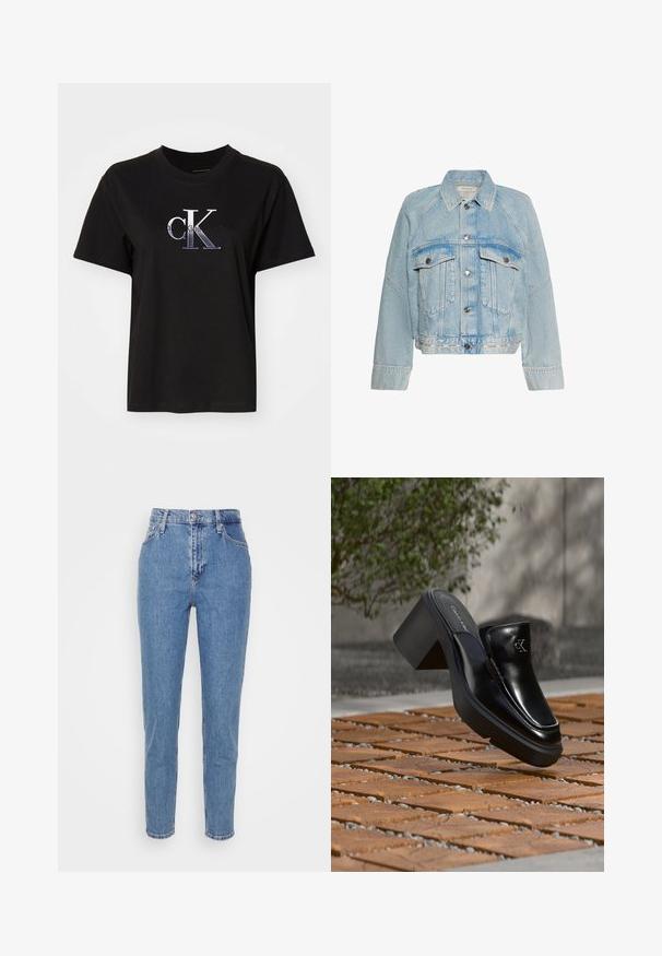 Lyseblå denimjakke med knaplukning, to brystlommer med klap og en krave, med Calvin Klein-logo på bundkanten.; Sort bomulds T-shirt med rund hals. Har et sølv broderet "cK" logo og teksten "Calvin Klein Jeans" under logoet. Korte ærmer.; Blå højtaljede lige jeans med frontknap og lynlås, bæltestropper og lommer, præsenteret på en ensfarvet hvid baggrund.; Sort læder Calvin Klein slip-on mule med blokhæl, der hviler på trætøj udendørs nær en grøn plante og en grå væg.