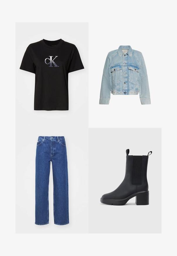 Lyseblå denimjakke med knaplukning, to brystlommer med klap og en krave, med Calvin Klein-logo på bundkanten.; Sort bomulds T-shirt med rund hals. Har et sølv broderet "cK" logo og teksten "Calvin Klein Jeans" under logoet. Korte ærmer.; Blå denim bred-benede jeans med høj talje, med lynlås og knaplukning, bæltestropper og subtilt falmet detaljer på stoffet.; Sorte ankelstøvler i glat gummimateriale, med elastiske sidepaneler, blokhæle og trækskilt øverst for nem påtagning.