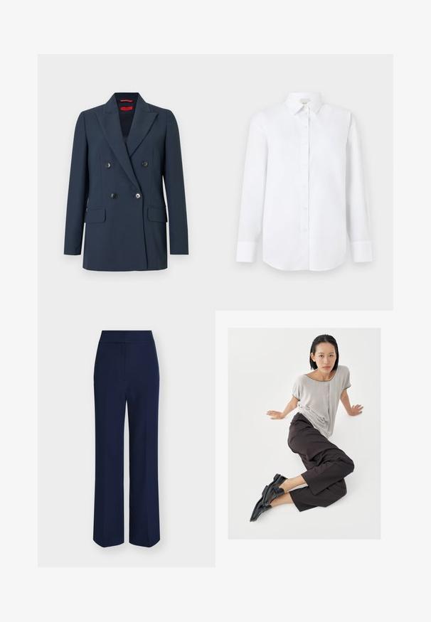 Blazer azul marino de doble botonadura con solapas con muesca, cuatro botones negros y bolsillos delanteros con solapa, sin detalles visibles del usuario o del fondo.; Camisa blanca de manga larga hecha de tejido suave, con cierre de botones en la parte delantera, collar clásico y dobladillo redondeado con puños abotonados.; Pantalones de pierna ancha de talle alto en azul marino con cierre frontal oculto y ajuste entallado.; Top de manga corta gris claro, pantalones anchos oscuros y mocasines negros. Tela suave, ajuste relajado y ribete en contraste en la camisa.
