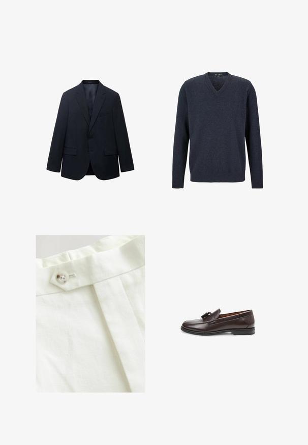 Marineblauwe blazer met een notch-lapel, één knoopsluiting, twee voorzakken en één borstzak. Gladde stoftextuur.; FALKE BASIC V-NECK - Trui - space blue; Witte stof met een gladde textuur, voorzien van een enkele knoopsluiting, een geplooid ontwerp en nette stikdetails.; Bruine leren loafer met een kwastje, een afgeronde neus en witte stikdetails langs de zool, met een rubberen zool met een laag profiel.