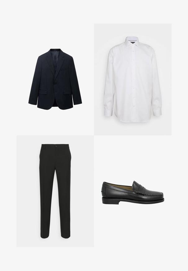 Marineblauwe blazer met een notch-lapel, één knoopsluiting, twee voorzakken en één borstzak. Gladde stoftextuur.; Lindbergh Zakelijk overhemd - white; Zwarte tailleurbroek met rechte snit, voorzien van een enkele knoopsluiting en ceintuurlussen. Glad, matte stof zonder patronen.; Zwarte leren instapper met een ronde neus, decoratieve stiksels en een lage, platte zool. Gladde textuur, minimalistisch ontwerp zonder versieringen.
