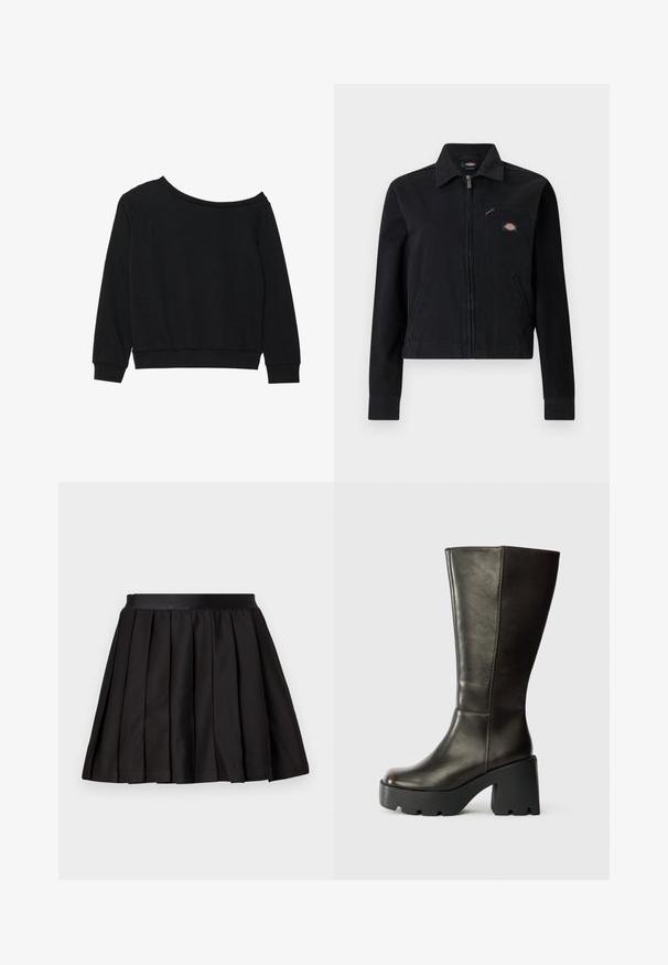 Zwarte jas met ritssluiting, kraag, twee onderste zakken en een borstzak met rits met een klein kleurrijk logoplaatje.; Zwarte off-shoulder sweatshirt met lange mouwen, geribbelde manchetten en tailleband in een zachte, lichtgewicht stof. Eenvoudig, onopgemaakte ontwerp.; Zwarte geplooide rok met brede tailleband, uitlopende pasvorm en gelijkmatig verdeelde verticale plooien, plat gelegd op een lichtgrijze achtergrond.; Bruine leren kniehoge laars met een ronde neus, een dikke zwarte platformzool en een blokhak. Heeft een gladde textuur en minimale stikseldetails.
