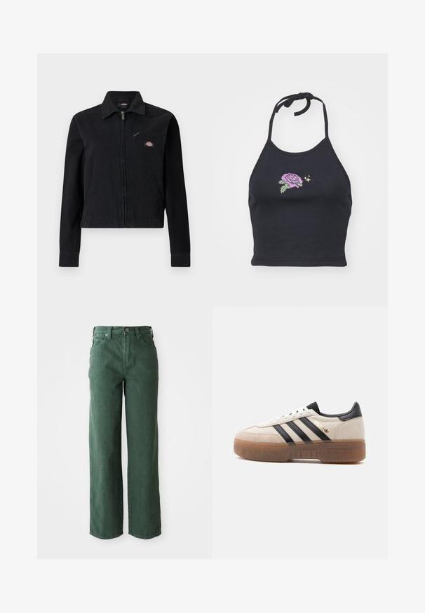 Chaqueta negra con cremallera, con cuello, dos bolsillos inferiores y un bolsillo en el pecho con cremallera que presenta un pequeño parche de logo colorido.; Top negro tipo halter hecho de algodón suave, con una rosa rosa bordada y hojas verdes. Cuenta con una correa atada y un diseño ajustado.; Vaqueros verdes de pierna ancha hechos de denim. Presentan una cintura alta, piernas rectas, bolsillos frontales y cierre de botón metálico.; Zapatilla blanca y beige con rayas negras, lengüeta trasera negra, etiqueta "Spezial" en dorado y suela marrón translúcida y gruesa.