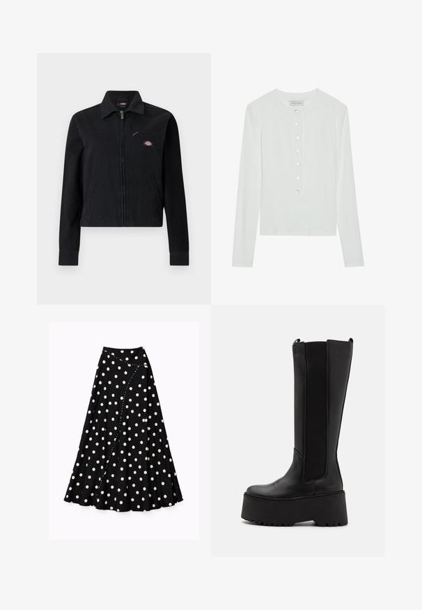 Veste noire à fermeture éclair avec col, deux poches basses et une poche poitrine zippée ornée d'un petit patch logo coloré.; Haut à manches longues blanc en tissu côtelé, avec un col rond et un devant boutonné comportant six boutons transparents.; Jupe midi noire à pois blancs avec un design asymétrique portefeuille et des détails de couture incurvée.; Botte noire montante en cuir lisse, avec des panneaux latéraux élastiques et une semelle épaisse à plateforme dotée d'un fond profilé.