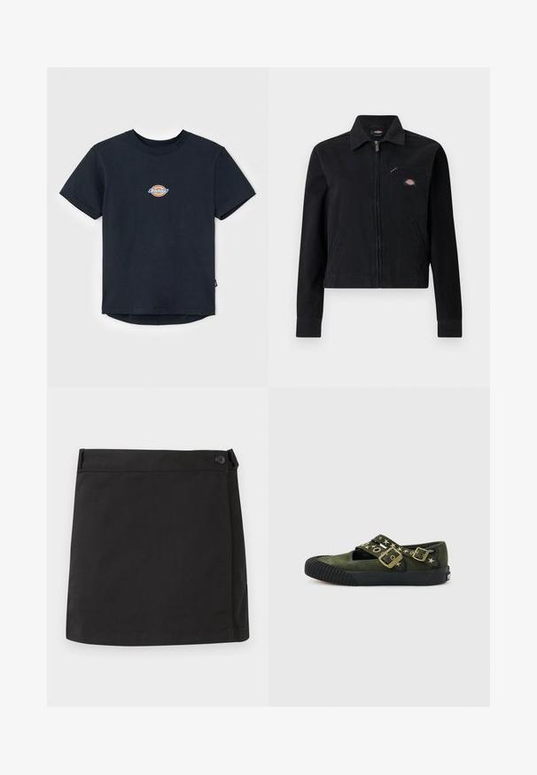 Chaqueta negra con cremallera, con cuello, dos bolsillos inferiores y un bolsillo en el pecho con cremallera que presenta un pequeño parche de logo colorido.; Camiseta de algodón negra con mangas cortas, cuello redondo y un pequeño logo multicolor en el pecho. Tiene un dobladillo recto y la parte trasera es ligeramente más larga.; Minifalda negra de algodón con cierre lateral de botones y dobladillo recto, mostrada extendida sobre un fondo blanco.; Zapatilla Mary Jane de ante verde oliva con suela de goma negra, puntera estriada, tachuelas en forma de estrella y dos correas con hebillas de latón.