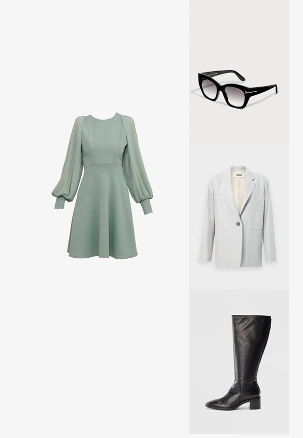Lichtgrijze blazer met één knoop, met inkeping revers, twee voorste steekzakken en een crèmewitte voering.; Mintgroene jurk met ballonmouwen, getailleerde taille en uitlopende rok. Gemaakt van gladde stof, met subtiele naden en manchetten.; Zwarte leren kniehoog laars met een vierkante neus, blokhak en slank ontwerp. Gladde textuur met een zijrits voor gemakkelijke instap.; Zwarte oversized vierkante zonnebril met grijs verloopglas en dunne gouden T-vormige accenten op de pootjes.