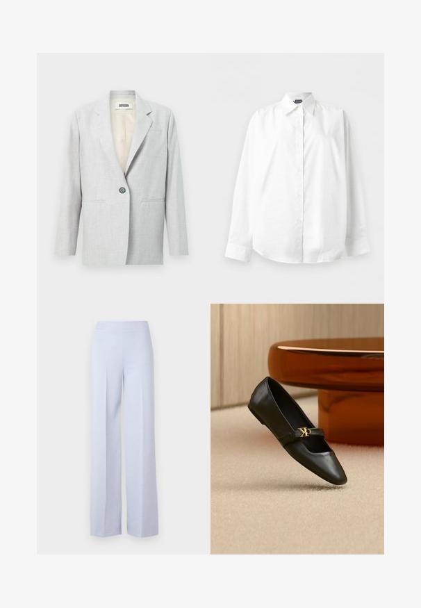 Blazer gris clair à un bouton avec revers crantés, deux poches fendues à l'avant et une doublure intérieure crème.; Chemise blanche à manches longues avec col pointu, boutonnée, présentée à plat sur un fond blanc uni.; Pantalons larges bleu clair en tissu doux, dotés d'une taille haute et de plis avant pour plus de structure.; Chaussure plate en cuir noir avec bout pointu et logo CK doré sur la bride, posée sur un tapis beige près d'une table ronde couleur ambre brun.