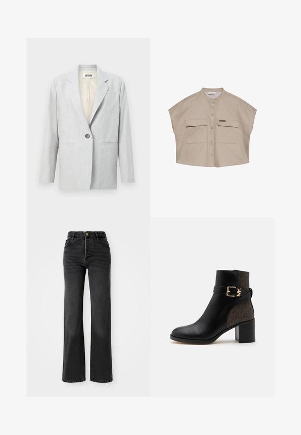 Blazer gris clair à un bouton avec revers crantés, deux poches fendues à l'avant et une doublure intérieure crème.; Chemise beige à manches courtes avec col mandarin, fermeture à boutons sur le devant et deux grandes poches à rabat, dont une avec étiquette Calvin Klein.; Jean en denim noir avec taille haute, coupe droite, fermeture à bouton en laiton et décoloration subtile. Comprend quatre poches et des détails cousus.; Bottine en cuir noir avec dos en tissu monogrammé marron, bride à boucle dorée et talon bloc.