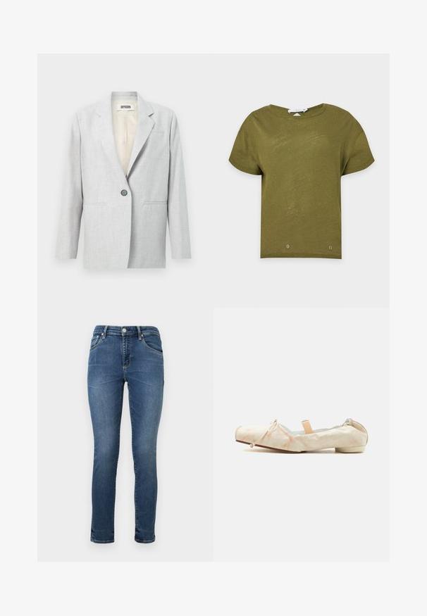 Lysegrå blazer med enkelt knap, hakklæder, to forlommer med slidser og en cremefarvet innerforing.; Olivengrøn kortærmet T-shirt med rund hals, lige kant og minimalistisk design, vist på en ensfarvet hvid baggrund.; Mørkeblå denim skinny jeans med en almindelig talje, fem lommer og subtil fading nær lårene. Afsluttet med syede sømme.; Beige blødt stof balletsko med lav hæl, elastisk bagpå, sløjfedetalje på tåen og en ferskenfarvet elastisk rem over vristen.
