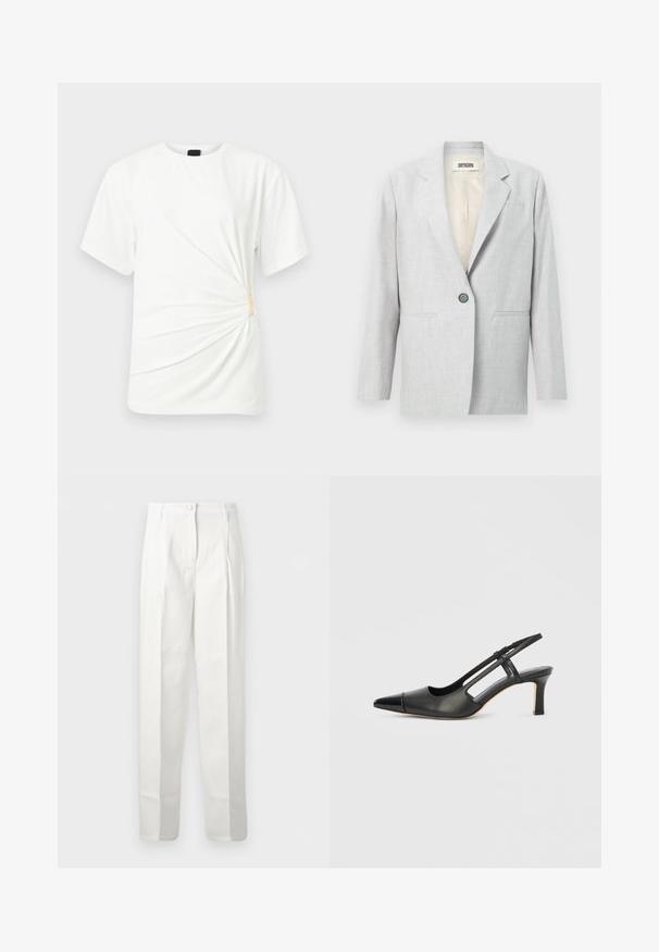 Blazer gris clair à un bouton avec revers crantés, deux poches fendues à l'avant et une doublure intérieure crème.; T-shirt blanc à manches courtes avec un col rond et un détail froncé sur le côté maintenu par une petite pince beige.; Pantalon blanc taille haute, coupé sur mesure avec fermeture à boutons et jambes droites, présenté à plat sur un fond blanc.; Chaussure à bride arrière en cuir noir avec bout pointu, dotée d'un accent brillant sur le bout et d'un talon de hauteur moyenne. Design latéral ouvert.