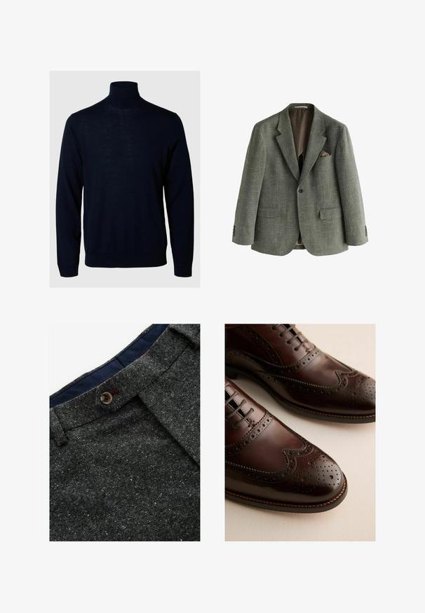 Grå tekstureret blazer med enkelt knap, hakkede revers, klaplommer og brystlomme med brunt lommetørklæde, foret indvendigt.; Marineblå sweater med høj hals, lange ærmer, ribbede manchetter og kant, lavet af blødt stof med en glat tekstur og minimalistisk design.; Grå uldblandede bukser med en spottet tekstur. Har en spids talje, knaplukning og marineblå inderside.; Et par mørkebrune læderbroguesko med dekorative perforeringer og snørebånd på en lys overflade.