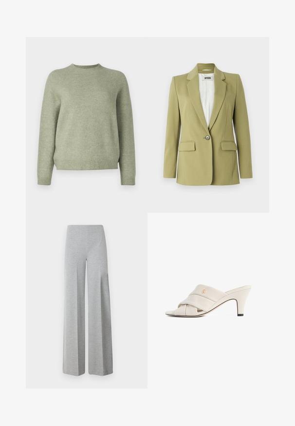 Blazer de color verde oliva hecho de una tela suave, con cierre de un solo botón, solapas con muesca y dos bolsillos frontales.; DRYKORN PEMIRI - Jersey de punto - green; Pantalones de pierna ancha gris hechos de una tela suave y elástica. Presentan una cintura alta y un diseño minimalista y suave sin detalles adicionales.; Mules de tacón alto beige con diseño de tira de cuero torcida, punta abierta y detalle de logotipo en relieve. El tacón tiene un detalle en punta negra.