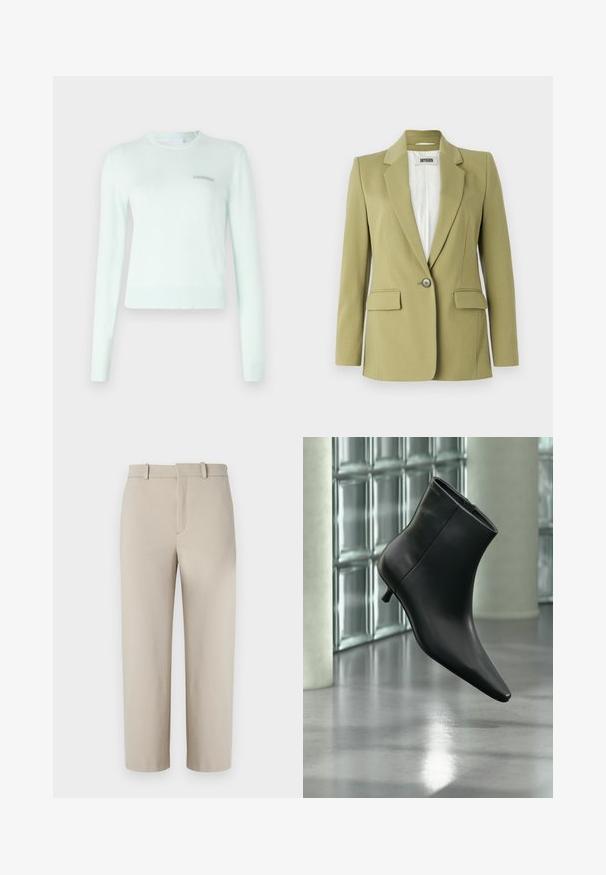 Blazer vert olive en tissu lisse, avec une fermeture à bouton unique, des revers crantés et deux poches avant.; Pull vert menthe en tissu doux, avec des manches longues, un col et des poignets côtelés, et un petit logo brodé sur la poitrine.; Pantalons beiges coupés, design ajusté, devant plat avec fermeture éclair dissimulée, deux poches latérales, fabriqués en tissu en coton mélangé lisse.; Bottine en cuir noir à bout pointu et petit talon kitten, présentée en angle devant un sol poli et un mur en blocs de verre.