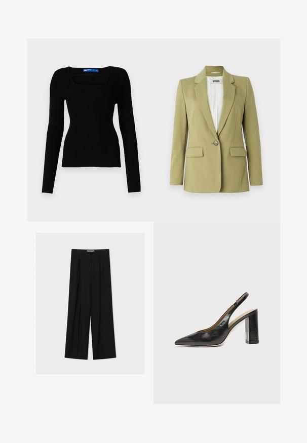 Olijfgroene blazer van gladde stof, met een enkele knoopsluiting, geknipte revers en twee voorzakken.; Zwarte geribde gebreide lange mouwen top met een vierkante halslijn en een getailleerd ontwerp, met een gestructureerde stof en zonder zichtbare hardware of accenten.; Zwarte, wijde broek met hoge taille, riemlussen en plooien aan de voorkant, weergegeven tegen een lichtgrijze achtergrond.; Zwarte leren slingback schoen met spits toelopend neusje, hoge blokhak en beige binnenvoering tegen een effen lichte achtergrond.