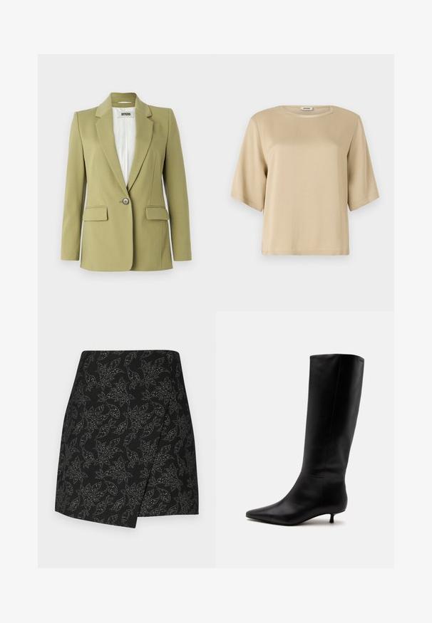 Oliven grøn blazer lavet af glat stof, med en enkelt knaplukning, notchede reverser og to forlommer.; Beige bomulds t-shirt med rund halsudskæring, korte ærmer og en afslappet pasform. Glat tekstur uden synlige mønstre eller udsmykninger.; Sort nederdel med et omslagdesign, der har et bladmønster i sølvtoner. Glat tekstur med en asymmetrisk kant, der går til midten af låret.; Sort læder knæhøj støvle med spids snude og lav kittenhæl mod en ensfarvet lys baggrund.