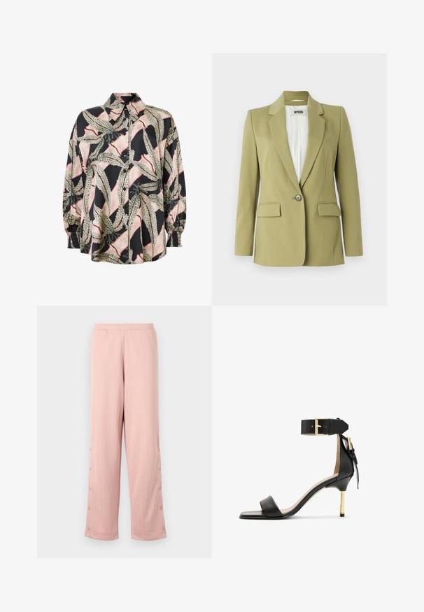 Oliven grøn blazer lavet af glat stof, med en enkelt knaplukning, notchede reverser og to forlommer.; Skjorte med knapper i silke-blanding, der har en sort bund med et abstrakt bladmønster i grøn og pink. Pufærmer med elastiske manchetter.; Lyserøde vide bukser lavet af blødt stof, med et subtilt præget mønster og dekorative knapper langs sidesømmen.; Sort læder hæl sandal med firkantet tå, ankelrem med en guldbuckle og en slank metallisk hæl. Glat tekstur, minimalistisk design.