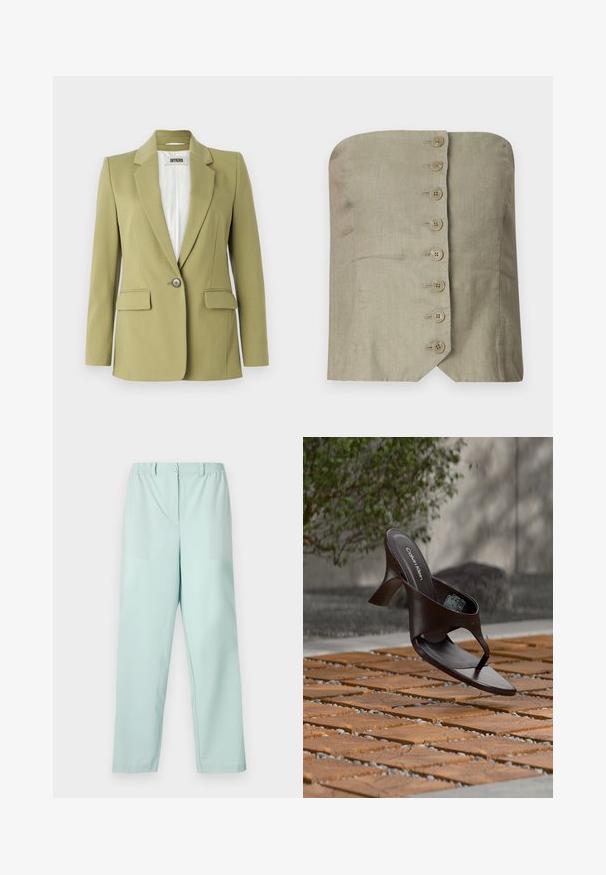 Blazer vert olive en tissu lisse, avec une fermeture à bouton unique, des revers crantés et deux poches avant.; Top sans bretelles en lin vert clair avec un décolleté droit, comportant six grands boutons ronds sur le devant et un ourlet pointu.; Pantalons vert menthe clair avec une taille élastique, une fermeture à bouton à l'avant, deux poches avant et des jambes droites. Texture de tissu lisse.; Sandale à talon marron Calvin Klein suspendue au-dessus d'un sol extérieur en dalles de bois et gravier avec un arrière-plan flou de verdure et de pierres.