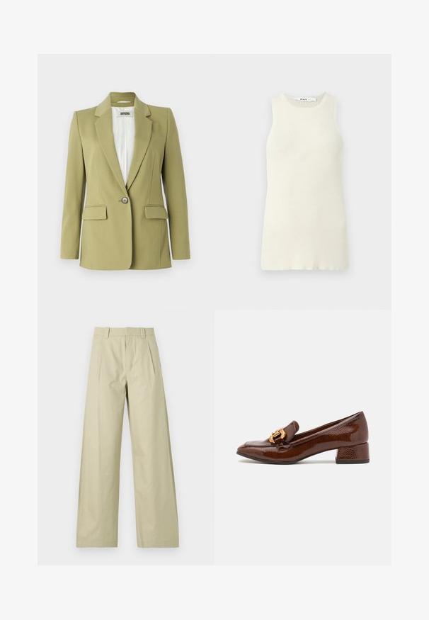Olijfgroene blazer van gladde stof, met een enkele knoopsluiting, geknipte revers en twee voorzakken.; Mouwloze crèmekleurige tanktop van ribstof, met een ronde halslijn en een aansluitend ontwerp. Geen zichtbare patronen of accenten.; Wijde broekspijpen in lichtbeige katoen, met een platte voorkant en plooien, riemlussen en omgeslagen zoom. Glad materiaal en casual ontwerp.; Bruine leren loafers met een glanzende afwerking, met een decoratieve gouden gesp aan de voorkant en een lage blokhak. Klassiek ontwerp.