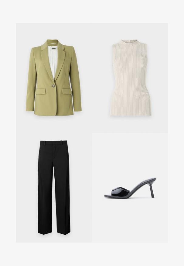 Blazer de color verde oliva hecho de una tela suave, con cierre de un solo botón, solapas con muesca y dos bolsillos frontales.; Top sin mangas en un suave beige, con una textura acanalada y un escote alto y fruncido. La silueta ajustada realza la figura.; Pantalones de pierna ancha en negro, confeccionados con una tela suave y tejida. Presentan un frente plano, presillas para cinturón y bolsillos laterales para un aspecto ajustado.; Sandalias de tacón con punta abierta de charol negro, con un diseño superior curvado y tacón de aguja cónico. Acabado liso y brillante.