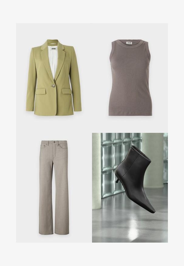 Oliven grøn blazer lavet af glat stof, med en enkelt knaplukning, notchede reverser og to forlommer.; Grå ribbede tanktop med rund halsudskæring og ærmeløs design, lavet af et blødt, tekstureret stof. Enkel, tætsiddende silhuet.; Bredde benbukser i en lys grå, tekstureret stof med en glat overflade. Har en knaplukning og fem-lomme design.; Sort læderankelstøvle med spids tå og lille hæl vist mod en væg af glasblokke og poleret gulv baggrund.
