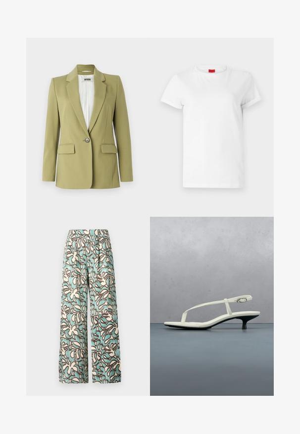 Blazer de color verde oliva hecho de una tela suave, con cierre de un solo botón, solapas con muesca y dos bolsillos frontales.; Camiseta blanca de manga corta hecha de algodón ligero. Presenta un escote redondo y mangas enrolladas. Etiqueta de logo roja en el cuello.; Pantalones de pierna ancha fabricados en un tejido ligero con un fondo crema y patrones abstractos en verde azulado y marrón. Cintura plana sin herrajes visibles.; Sandalia blanca de tacón kitten con tiras y punta afilada, flotando sobre un suelo de baldosas de madera al aire libre, con un fondo desenfocado de plantas y pared.