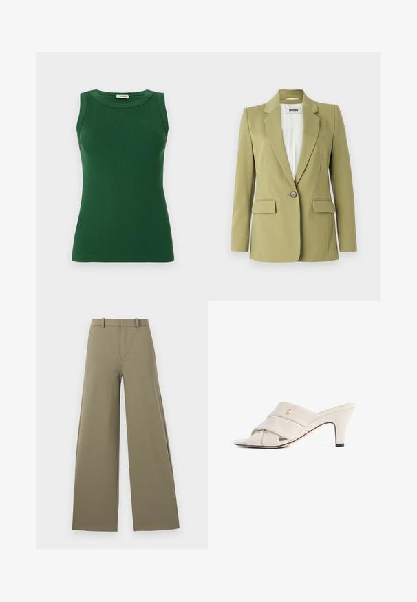Oliven grøn blazer lavet af glat stof, med en enkelt knaplukning, notchede reverser og to forlommer.; Grønt ærmeløst ribbet tanktop med rund halsudskæring, der har en glat tekstur og en tætsiddende silhuet.; Lys olivenfarvede brede bukser med en glat tekstur, der har en frontlynt, bæltestropper og to sidelommer.; Beige højhælede mules med et snoet læderstropdesign, åben tå og præget logoaccent. Hælen har en sort spidsdetalje.