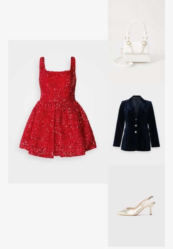 Marineblauer Samtblazer mit einem Reverskragen, zwei Fronttaschen und vier Knöpfen. Glatte Textur mit leichtem Glanz, taillierte Passform.; Rotes, mit Pailletten besetztes Kleid mit quadratischem Ausschnitt, ärmellosem Design, tailliertem Oberteil und ausgestelltem Rock. Funkelnde Textur überall.; Goldfarbene metallische Slingback-Pumpe mit spitzem Zehenbereich, schmalem Absatz und verstellbarem Riemen mit dekorativem Knopfdetail. Glatte Textur.; Weiße Handtasche aus Kunstleder mit strukturiertem Design, goldenen Hardware-Akzenten, doppelten Obergriffen und einem verstellbaren Schultergurt.