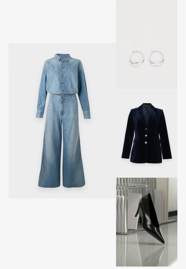 Marineblauwe fluwelen blazer met een notch-revers, twee voorzakken en vier knopen. Gladde textuur met een lichte glans, getailleerde pasvorm.; Denim overhemd en jumpsuit met wijde pijpen in lichtblauw. Heeft een kraag, knopen aan de voorkant, lange mouwen en een ceintuur in de taille voor een goede pasvorm.; Zwart hooggehakt schoen met puntige neus en gouden logo, geplaatst op een reflecterend oppervlak naast een verchroomde draadordner met documenten.; Zilveren creolen met een gepolijste afwerking en DKNY-branding, weergegeven tegen een effen witte achtergrond.