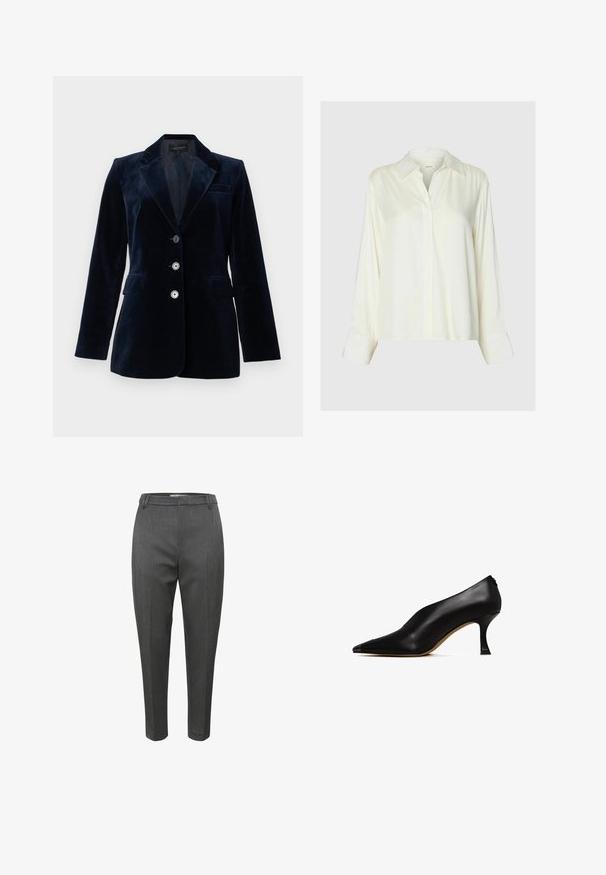 Blazer de terciopelo azul marino con solapa con muesca, dos bolsillos delanteros y cuatro botones. Textura suave con ligero brillo, corte entallado.; Blusa blanca de satén de manga larga con cuello clásico y botones delanteros ocultos, mostrada sobre un fondo liso gris claro.; Pantalones grises ajustados con una tela texturizada, que presentan un corte recto y sutiles rayas. Incluyen pasadores para cinturón y un bolsillo frontal.; Zapato de tacón alto de cuero negro con punta afilada y un tacón delgado y curvado. Presenta una textura suave y un diseño minimalista.
