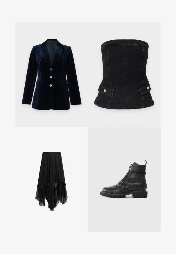 Marineblå velourblazer med en notch revers, to forlommer og fire knapper. Glat tekstur med lidt glans, skræddersyet pasform.; Sort denim strapless korsæt med en tætsiddende design, der har guldbeslag og to forlommer. Glat tekstur, struktureret form.; Sort høj-lav nederdel med gennemsigtig blondeoverdel og flæset kant, med en fitted linning og teksturerede stofdetaljer.; Sorte læder ankelstøvler med rund tå, snørelukning fortil, spænde detaljer og tyk, robust sål. Har sølvfarvet hardware accenter.