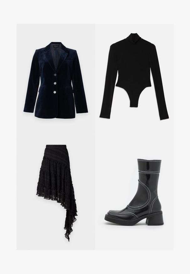 Blazer en velours bleu marine avec un col à revers cranté, deux poches avant et quatre boutons. Texture lisse avec une légère brillance, coupe ajustée.; Bodysuit noir à manches longues en tissu extensible, avec un col montant et une coupe ajustée, doté d'un bas string.; Jupe asymétrique noire avec des plis texturés, des volants superposés et une taille smockée. Tissu léger avec une finition transparente.; Bottine en cuir verni noir avec des coutures blanches, bout arrondi et talon carré. Présente des lignes de design courbées et une texture lisse.