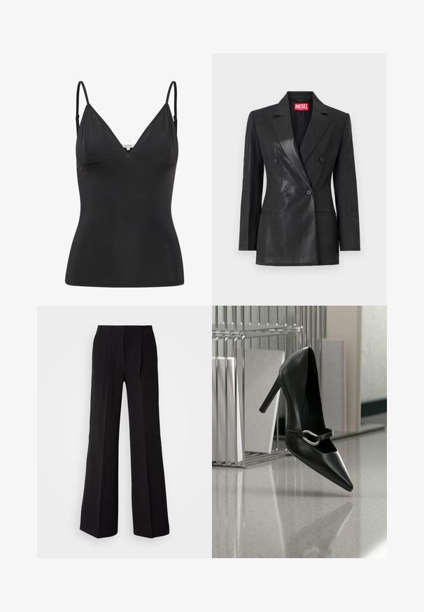 Sort dobbeltradet blazer lavet af et blankt stof. Har en spidse krave, to forlommer og sorte knapper. Rød mærke-label indeni.; Sort, tætsiddende camisole med justerbare tynde stropper, V-halsudskæring, sømløst design og glat tekstur. Lavet af et blødt, strækbart materiale.; Sorte bukser lavet af glat stof, med høj talje, bred ben silhuet og to frontfolder for ekstra design detaljer.; Sort spids højhælet sko med en sølvspænde, placeret på en reflekterende overflade nær en metalfilorganisator med papirer.
