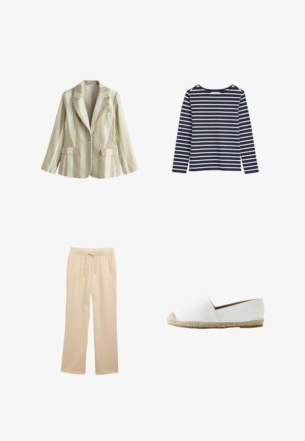 Beige og hvide lodrette stribede blazer med hakket revers, enkelt knaplukning, klaplommer og lange ærmer.; Marineblå og hvide vandrette stribet langærmet skjorte med rund halsudskæring, vist på en hvid baggrund.; Beige vide benbukser lavet af struktureret stof med en elastisk talje og snoretræk for justerbar pasform.; Hvid slip-on espadrille med flettet jutesål og rundet tå, designet til afslappet brug.