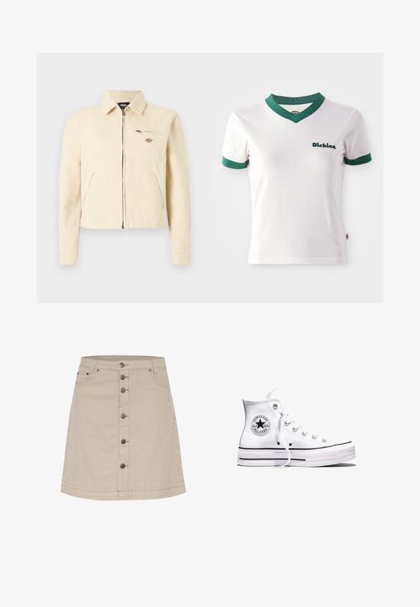 Lysebeige jakke med lynlås og krave, to skrå sidelommer samt en lynlåslomme på brystet med en lille logo-patch.; Hvid kortærmet t-shirt med grøn V-hals og ærmekanter; har "Dickies" logo i mørkegrøn på venstre bryst. Glat bomuldsstruktur.; Beige stribet denim nederdel med en flagrende form, der har en lukning med knapper foran, to sidelommer og subtile syninger.; Hvid Converse Chuck Taylor All Star højt snøresko med sorte striber og logoemblem på siden, vist mod en ensfarvet hvid baggrund.