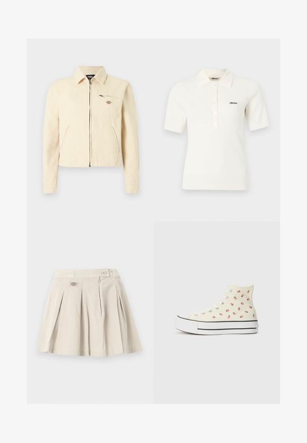 Veste beige clair à fermeture éclair avec col, deux poches latérales inclinées et une poche poitrine zippée ornée d'un petit écusson logo de la marque.; Polo blanc à manches courtes en maille côtelée, avec col et patte de boutonnage, arborant un petit logo noir "ellesse" sur la poitrine gauche.; Mini-jupe plissée beige avec une ceinture, une fermeture éclair latérale, un bouton, et un petit patch logo à l'avant.; Des baskets montantes en toile jaune, ornées d'un motif de petites fraises rouges, avec des lacets blancs et une semelle blanche rayée de noir.