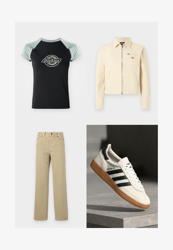 Lichtbeige jas met ritssluiting en kraag, twee schuine zijzakken en een borstzak met ritssluiting met een klein logo.; Zwarte t-shirt met lichtgroene raglanmouwen. Voorzien van een centraal circulair logo met de tekst "Dickies" in een touwontwerp. Zachte stofstructuur.; Beige wijde jeans van zachte katoen met een klassieke vijfzakkenontwerp, knoopsluiting en zichtbare stiksels langs de naden en zoom.; Witte suède sneakers met marineblauwe strepen, rubberen gumzool, gestructureerde bovenkant, ronde neus en veters; heeft branding aan de zijkant en op de tong.