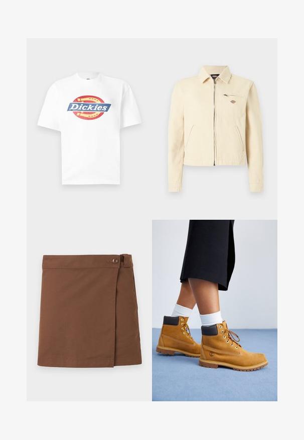 Veste beige clair à fermeture éclair avec col, deux poches latérales inclinées et une poche poitrine zippée ornée d'un petit écusson logo de la marque.; T-shirt blanc à manches courtes avec un logo fer à cheval rouge et jaune et le texte « Dickies » en bleu à travers la poitrine.; Jupe portefeuille en coton marron avec fermeture par bouton à la taille, coupe droite et ourlet proprement cousu.; Bottines en suede beige avec des accents en cuir marron, des œillets dorés et une semelle texturée. Chaussettes blanches visibles au-dessus des bottines.