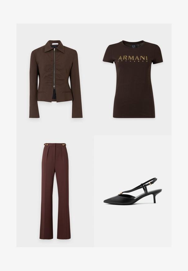 Tumepruun istuv jakk krae ja pikkade varrukatega, esiküljel lukk ning kerge kogumise detail lukuliini ääres.; Tumepruun lühikeste varrukatega t-särk kollase kontuuriga tekstiga "ARMANI EXCHANGE" rinnal ja ümar kaelus.; Kõrge vöökohaga pruunid laiad püksid, millel on ette voldid ja kuldsetest nuppudest detailid reguleeritavates vööpaneelides.; Mustast nahast slingback-stiilis väikese kontsaga kingad, terava varbaosaga, kitsas T-rihm, reguleeritava pandlaga ja väikese kuldse kaunistusega rihmal.