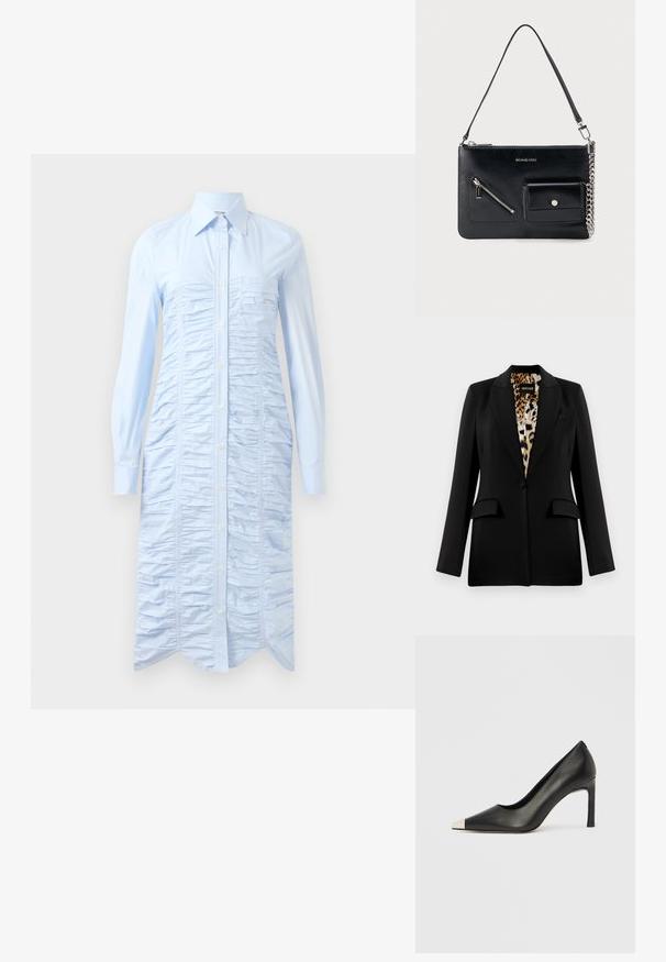 Schwarzer Blazer mit maßgeschneidertem Design, Einknopfverschluss, zwei vorderen Taschen und Futter mit Leopardenmuster. Glattes Material und strukturierte Form.; Helles blaues Hemdkleid aus glattem Stoff mit vertikalen Rüschen, Knopfleiste, langen Ärmeln und abgerundetem Saum.; Schwarzer Lederschuh mit hohem Absatz, spitz zulaufender Zehenpartie und metallischer silberner Spitze. Verfügt über eine glatte Oberfläche und einen schlanken 10 cm hohen Absatz.; Schwarze Michael Kors Leder-Umhängetasche mit oberem Reißverschluss, diagonalem Reißverschlussfach vorne, Klappentasche mit Druckknopf und silbernem Kettendetail.