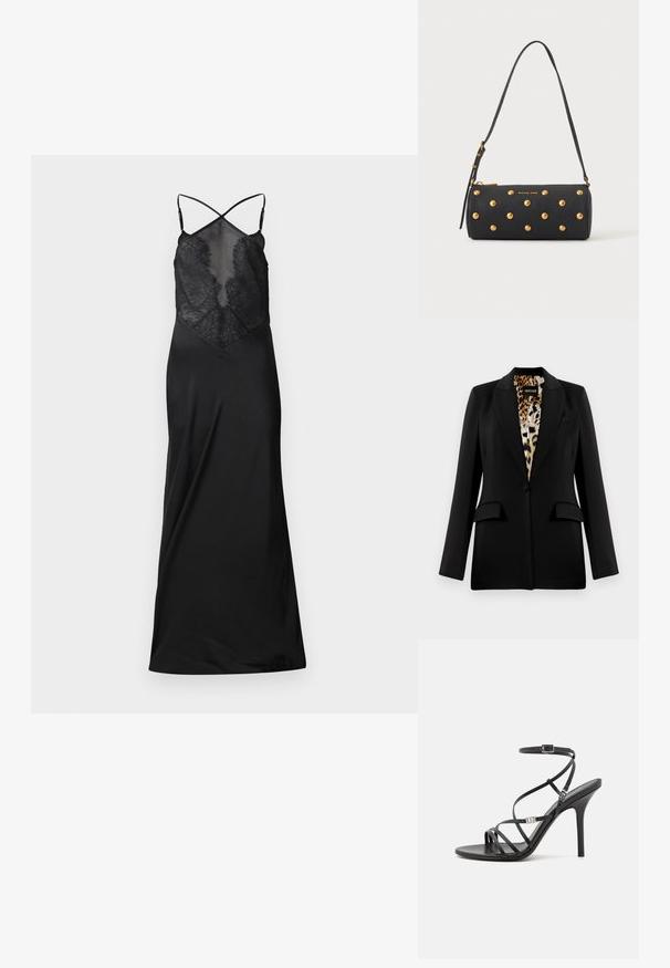 Zwarte blazer met een op maat ontworpen snit, enkele knoopsluiting, twee frontzakken en leoplprint voering. Glad stof en gestructureerde vorm.; Zwarte satijnen jurk met een transparante kanten buste, voorzien van gekruiste bandjes en een vloeiende silhouet, ontworpen voor een aansluitende pasvorm.; Zwarte hoge hakken sandaal met dunne banden, een enkelgesp, een gladleren oppervlak en een slanke stilettohak.; Zwarte cilindervormige handtas met gouden studs en een verstelbare schouderriem, met het "Michael Kors"-logo in goud op de voorkant.