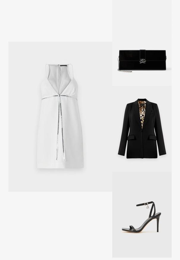 Zwarte blazer met een op maat ontworpen snit, enkele knoopsluiting, twee frontzakken en leoplprint voering. Glad stof en gestructureerde vorm.; Witte mouwloze jurk met een diepe V-hals, zilveren ritsdetail en een geweven horizontale streepaccent rond de taille. Gladde stofafwerking.; Zwarte sandaal met hoge hak, smalle enkelband, vierkante neus, soepel leermateriaal en metalen gespsluiting.; Glanzende zwarte rechthoekige clutch met zilveren kettingriem en zilveren, in elkaar verstrengelde initialen sluiting op de voorklep.