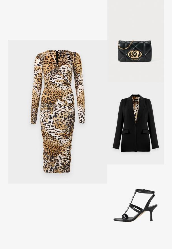 Sort blazer med skræddersyet design, enkelt knaplukning, to forlommer og leopardmønsterfor. Glat stof og struktureret form.; Langærmet kjole i leopardmønstret design med rynkedetaljer og rund udskæring. Fremstillet af et strækbart stof og med en lynlås i ryggen.; Sort læder høje hæle sandal med ankelrem, T-rem prydet med små sølv ringe og en tynd stilethæl.; Sort quiltet håndtaske i kunstlæder med en guld kæderem, der har en fremtrædende guldlille og en glat overflade med diamantmønster.