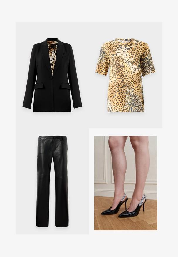 Sort blazer med skræddersyet design, enkelt knaplukning, to forlommer og leopardmønsterfor. Glat stof og struktureret form.; Bluse med leopardprint og korte ærmer har en rund hals, blødt stof og en løs pasform, som fremviser forskellige nuancer af brune og sorte mønstre.; Sorte læderbukser med lige snit, udstyret med en knap ved taljen, fem lommer og synlige sømme langs sømmene.; Kvinde iført sorte laklæder høje hæle slingback sko med hvide mærkede stropper, står på trægulv.