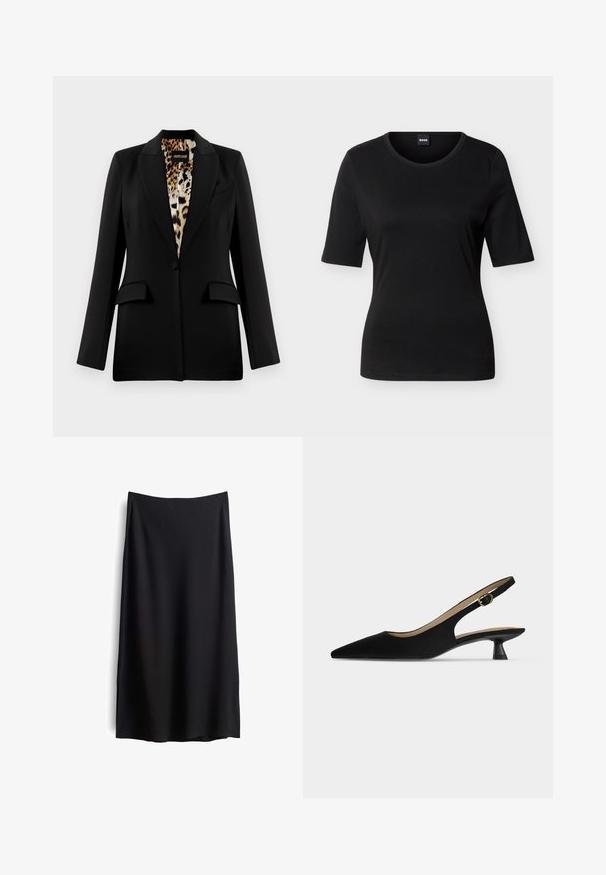 Zwarte blazer met een op maat ontworpen snit, enkele knoopsluiting, twee frontzakken en leoplprint voering. Glad stof en gestructureerde vorm.; Zwart nauwsluitend T-shirt met korte mouwen en een ronde hals, met een merklabel aan de binnenkant van de achterkraag.; Zwarte knielange rok met een gladde, matte textuur. Heeft een simpele silhouet en subtiele zijsplitten voor gemakkelijke beweging.; Zwarte slingback-schoen met spitse neus, lage kittenhak en gouden gespband, in profiel getoond op een effen lichte achtergrond.